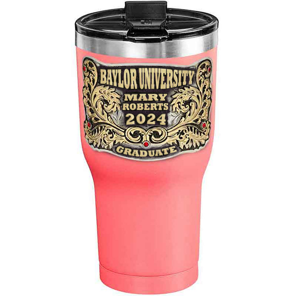 A customized tumbler made of stainless steel with a personalized engraved name and Baylor University lettering, 30 oz, ideal for coffee or cool drinks